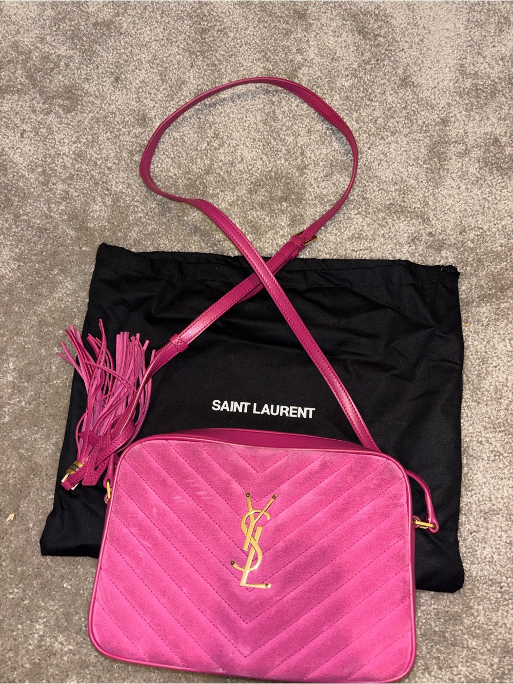 Saint Laurent Hot Pink Suede Camera Crossbody Bag with Tassel